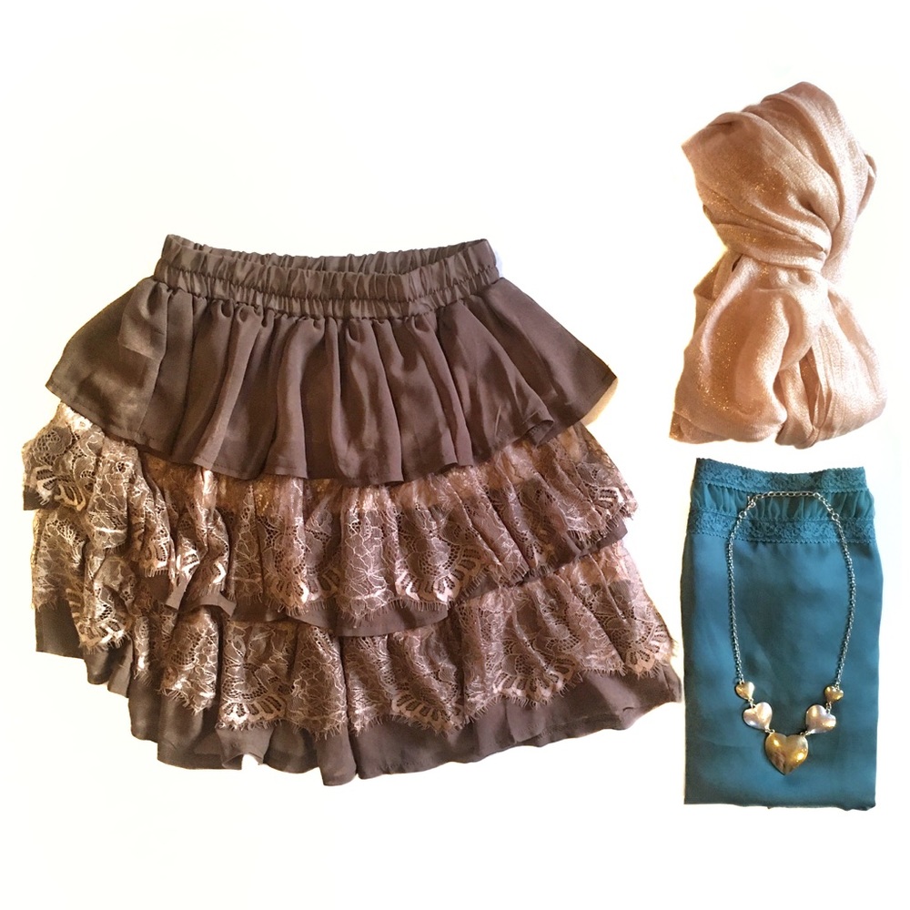 Brown Lacy Layered Mini Skirt -M-